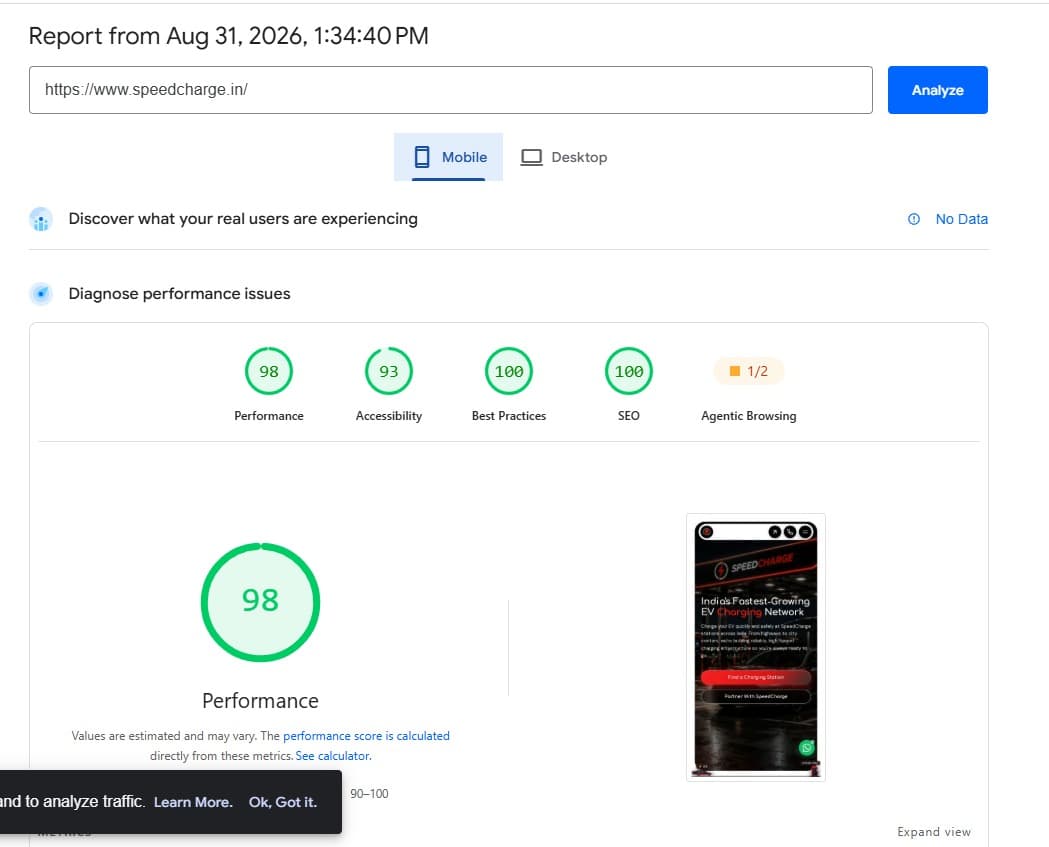 Google PageSpeed Insights mobile report for speedcharge.in showing a 98 performance score, 93 accessibility, 100 best practices and 100 SEO after the SpeedCharge 2.0 rebuild by Mohd Saif