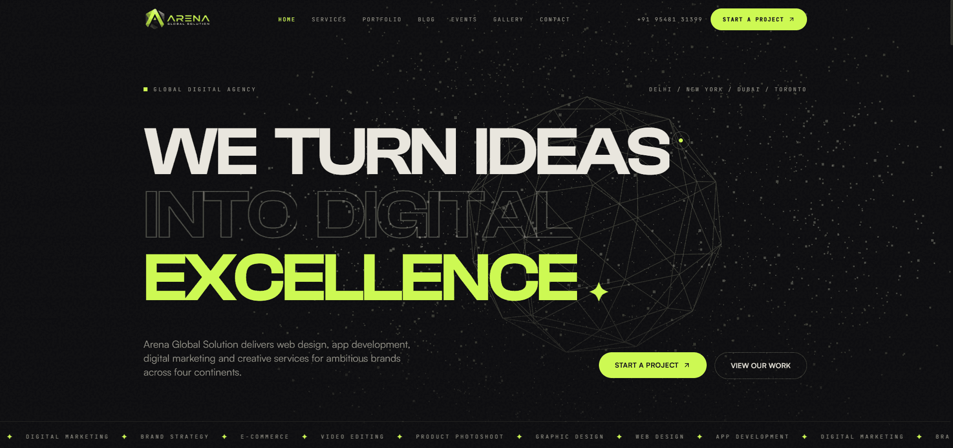 Arena Global Solution premium UI/UX redesign — before and after comparison of the digital agency website built with Three.js, GSAP, and custom cursor